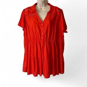 Torrid Vibrant Red/Orange Babydoll Textured Woven Inset Tunic, Women's Size 1X